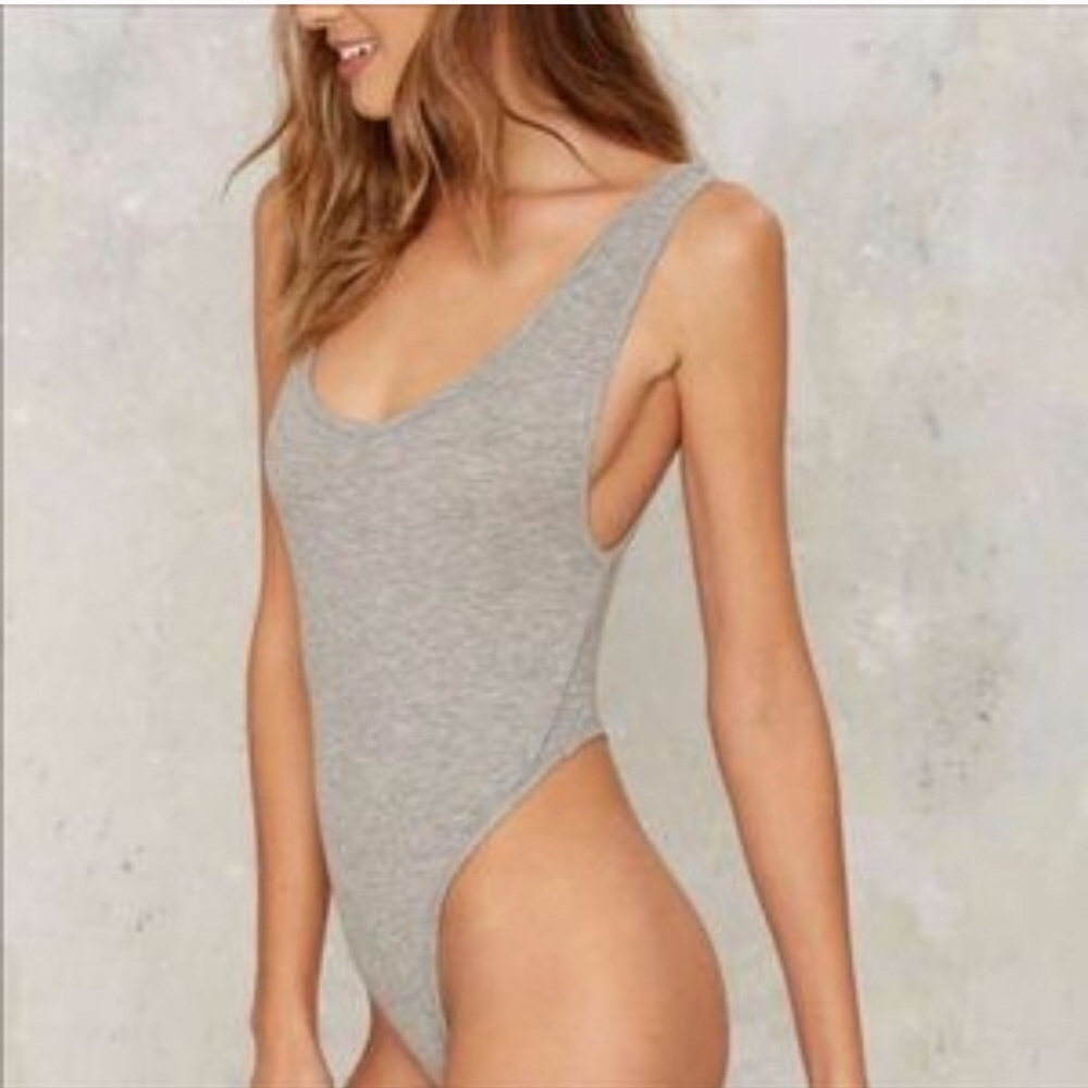 Nasty Gal Ribbed Gray Thong Bodysuit
